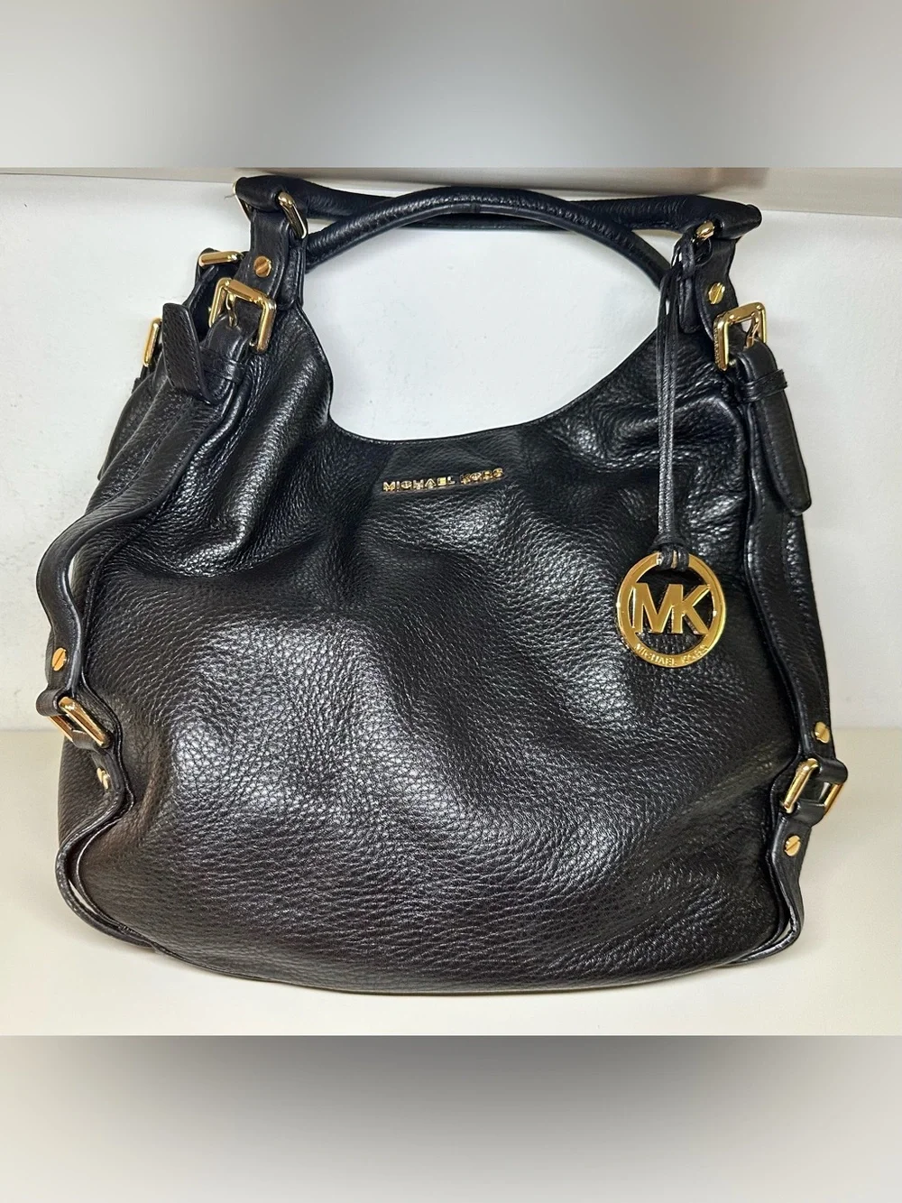 Michael Kors Black Pebbled Leather Shoulder Bag with Gold Accents